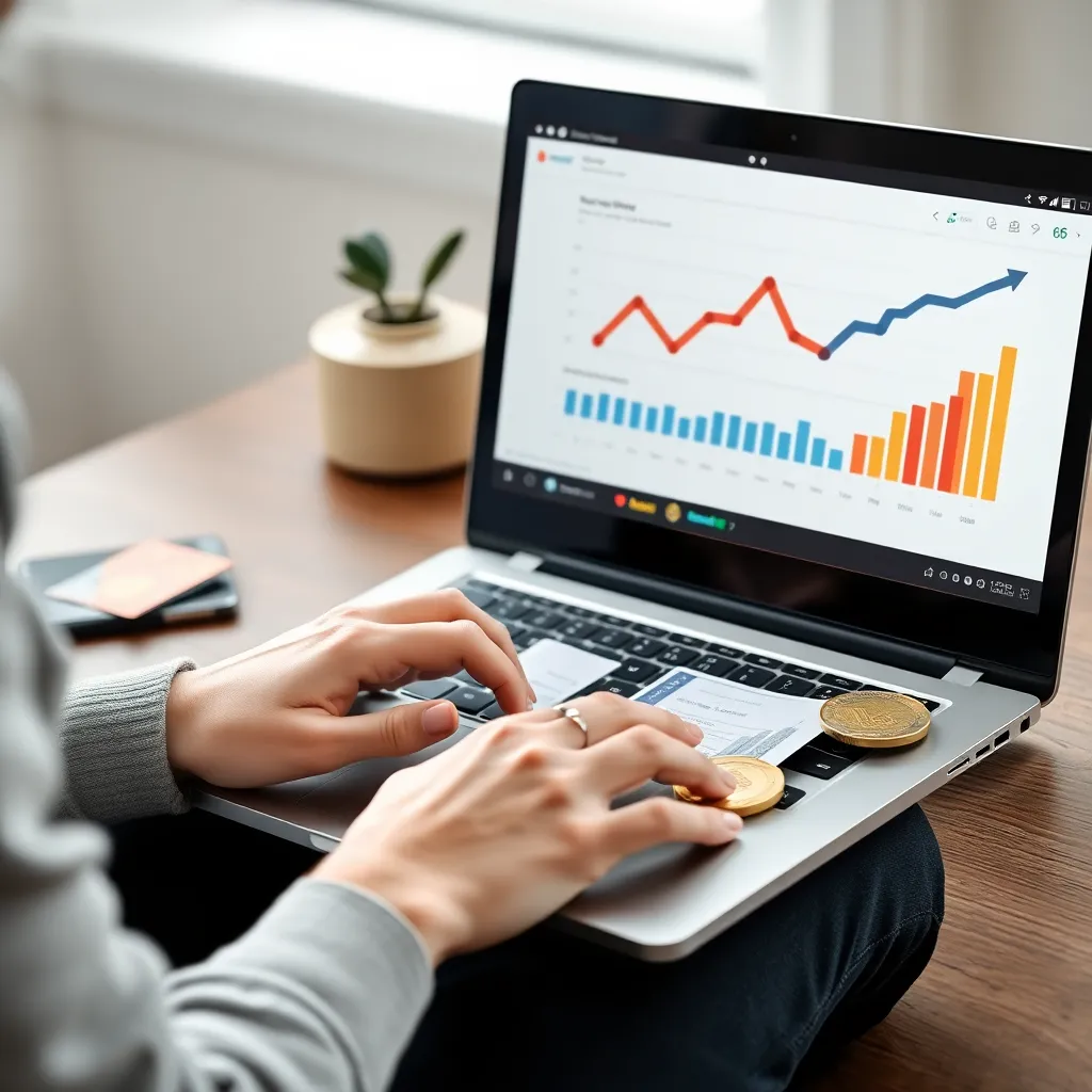 Een persoon die op een laptop budgettering leert met grafieken en Nederlandse euro's